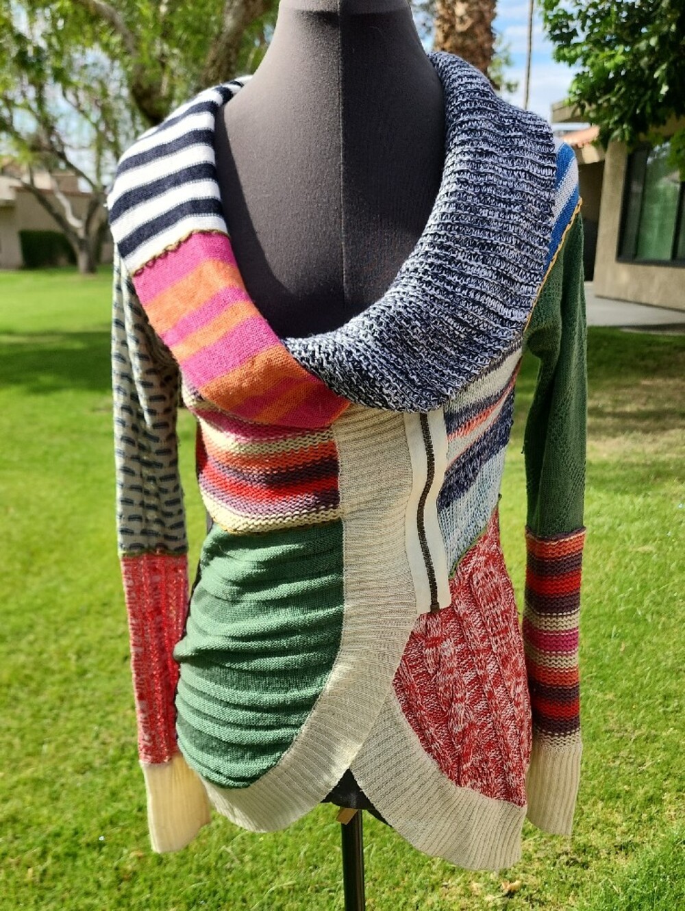 Desigual Multicolor Patchwork Cardigan with Cowl Neck